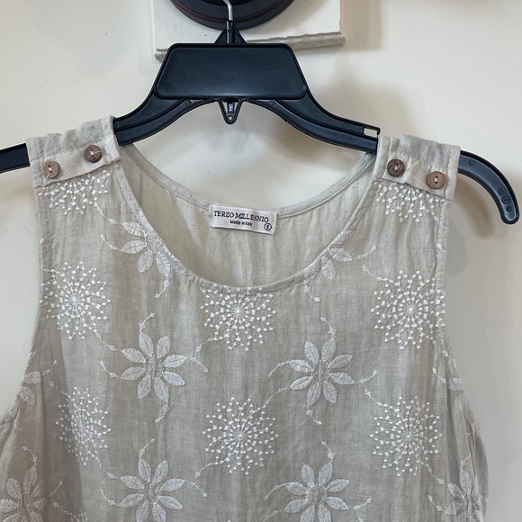 Terzo Millennio Linen Dress S Beige Embroidered Floral Shift Sleeveless Italy - Picture 2 of 11